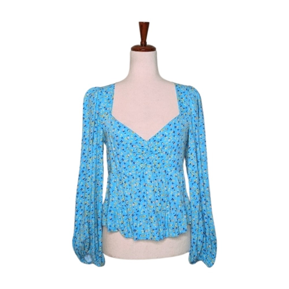 AFRM Blue Ditsy Floral Puff Sleeve Sweetheart Neckline Blouse Size Medium